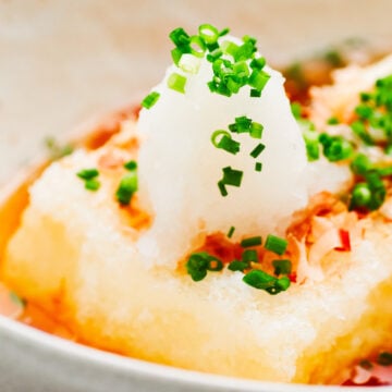 Agedashi tofu served with scallions, katsuobushi (shaved skipjack tuna), and grated daikon radish.