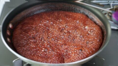 Reducing Adzuki liquid with sugar to a make a syrup.