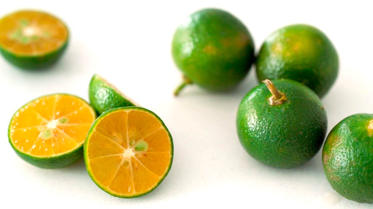 Calamansi is a green-skinned orange-flesh citrus fruit that's fragrant and tart.