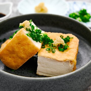 Crispy Atsuaage tofu topped with scallions and ginger makes for a delicious Japanese appetizer.