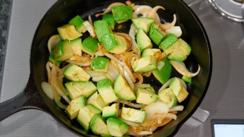 Caramelized onions and avocado for frittata