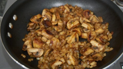 Caramelizing mushrooms and onions for making Beef Stroganoff.