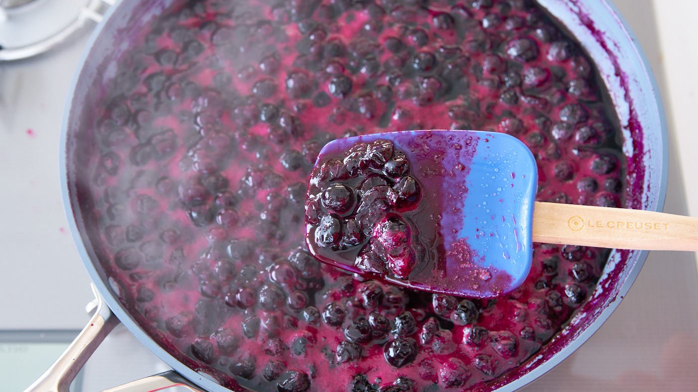 Cooking the blueberries on the stove before putting them in the over topped with biscuits results in a more concentrated blueberry flavor for the cobbler.