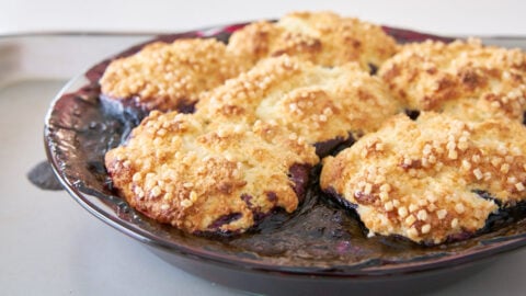 Bubbly blueberry cobbler right out of the oven.