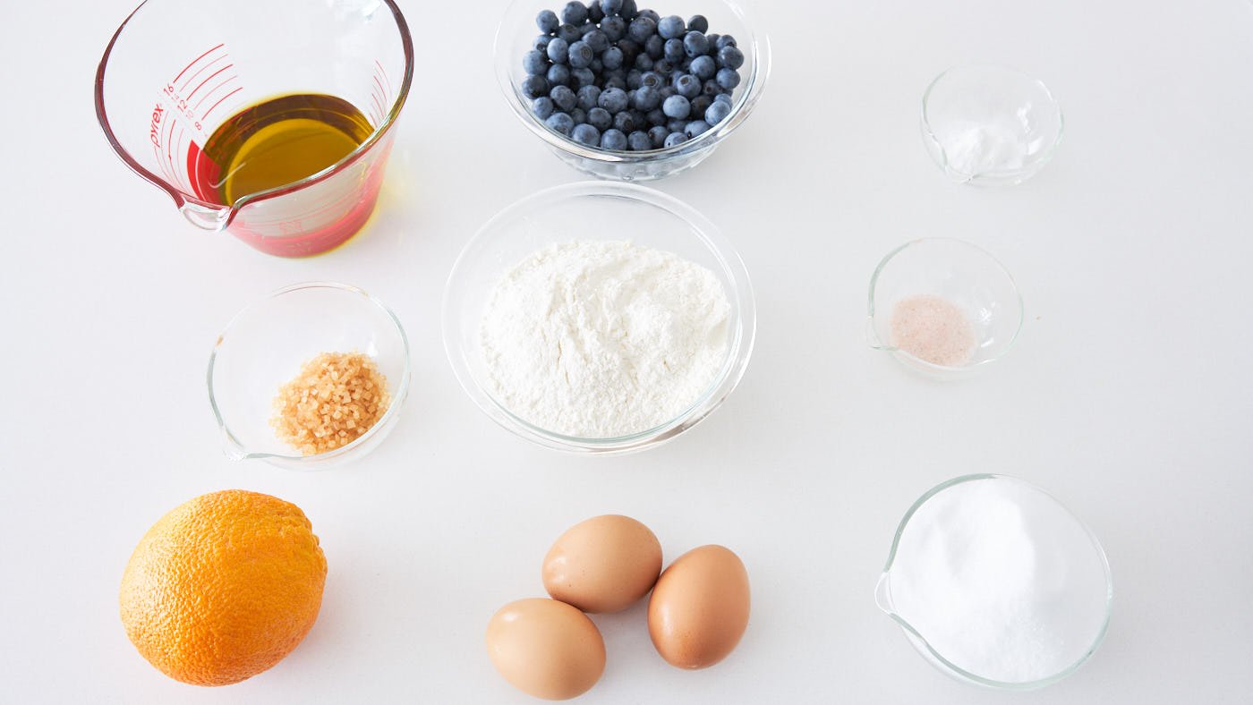 Ingredients for the best blueberry olive oil cake.