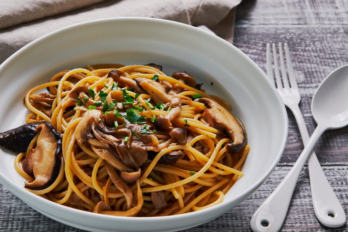 Spaghetti tossed with butter, soy sauce, and mushrooms is a classic Japanese pasta recipe.