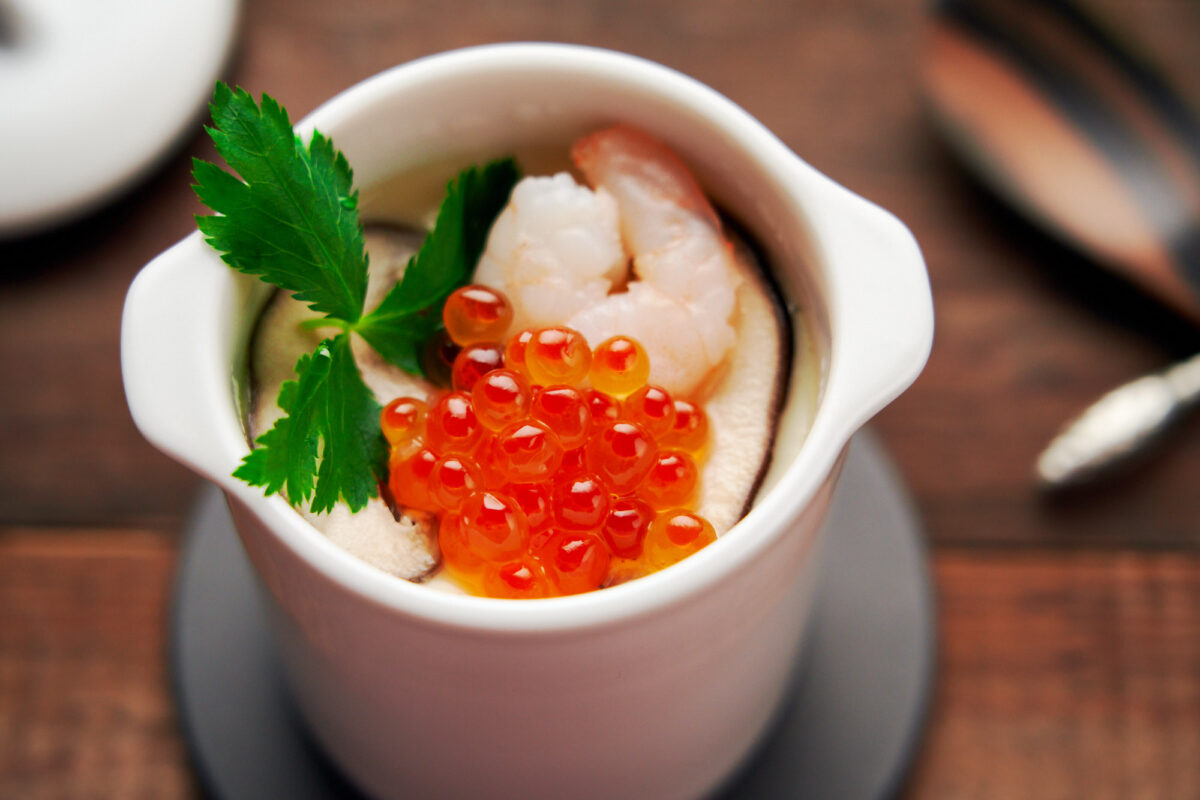 Chawanmushi or Japanese steamed egg in a teacup is a savory egg custard that you can fill with seafood, mushrooms, and vegetables.