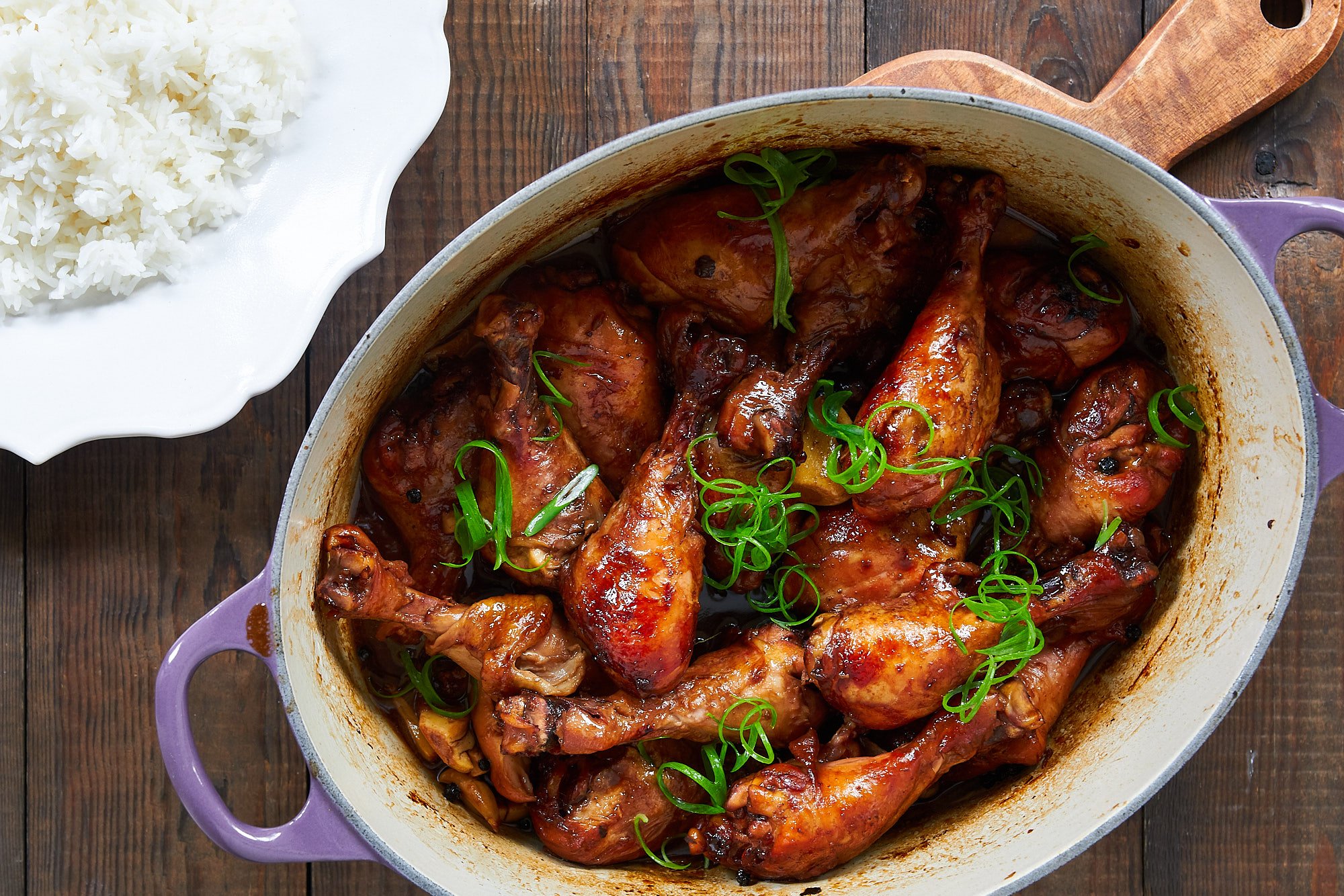 This chicken adobo is fall-off-the-bone tender with a rich, tangy and savory sauce.