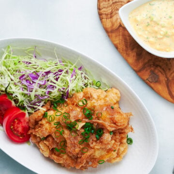 Chicken Nanban with Japanese-style tartar sauce and a shredded cabbage salad.