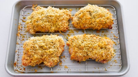 The baked chicken parmesan cutlets turn out crisp and flavorful.