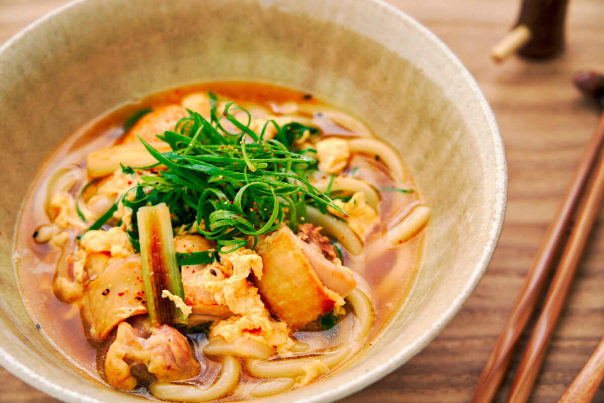 Tender, juicy chicken and Japanese udon noodles in piping hot chicken broth.