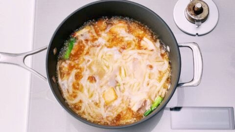 Japanese udon noodles in chicken soup.