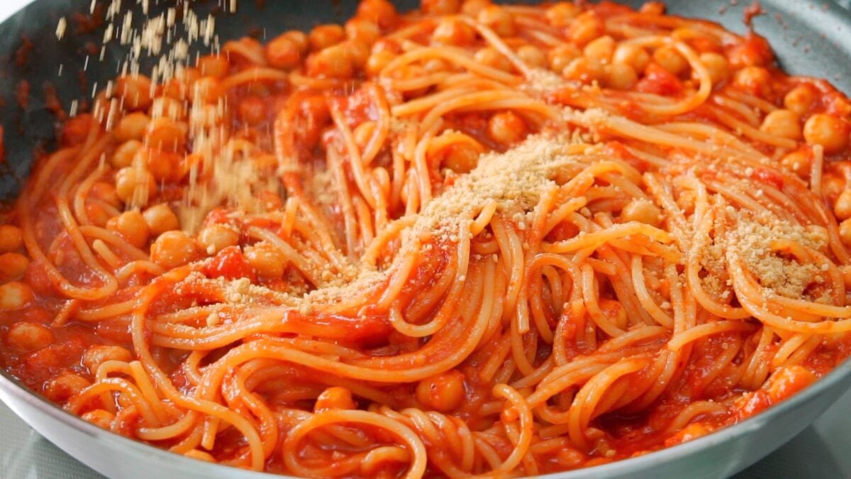 Chickpea Spaghetti topped with a sprinkle of parmesan cheese.