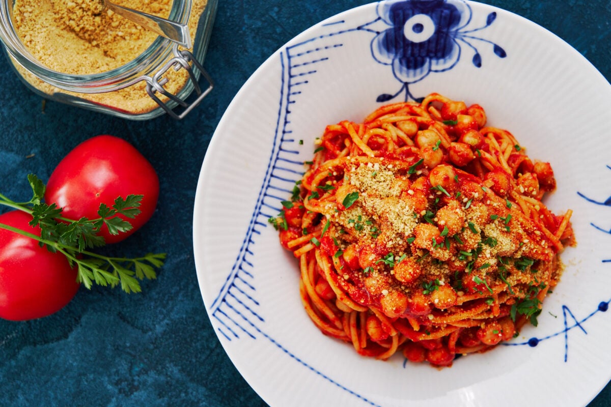 An easy pantry pasta made from canned chickpeas, jarred tomatoes, and dry spaghetti.