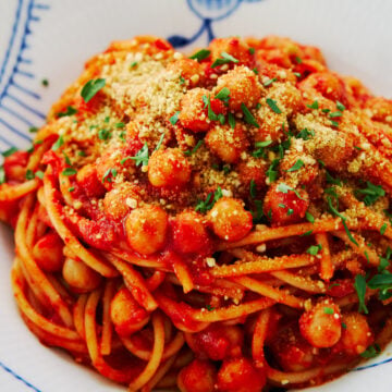 This spicy Chickpea Spaghetti recipe comes together in 10 minutes from a handful of pantry staples. The best part is that it's super versatile, so you can adapt it based on what you have.