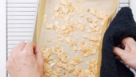 Toasted almonds on a baking sheet.