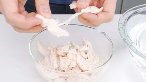 Shredding poached chicken tenders for salad.