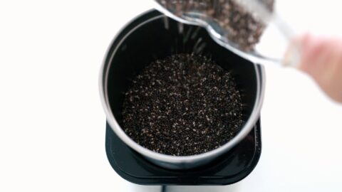 Adding chia seeds into a coffee grinder to make vegan chocolate pudding.