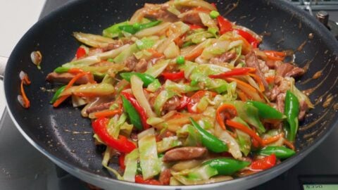 Chop Suey in a frying pan.