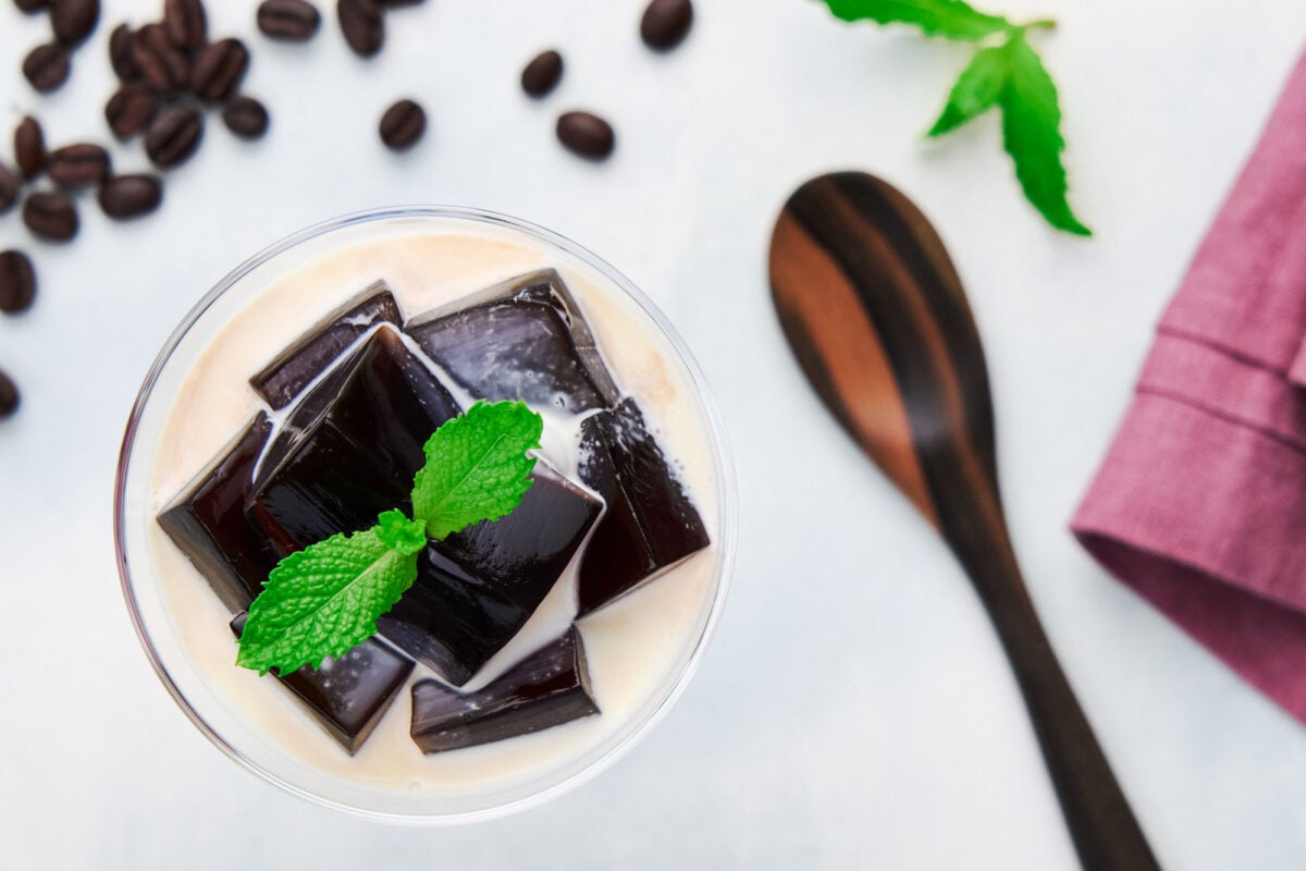 These blocks of coffee jelly burst into a pool of black coffee in your mouth. Served with cream and sweeteend condensed milk, it makes for an easy dessert that seems much fancier than it is.