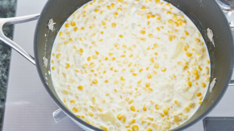 Fresh corn and potatoes cooking in milk to make a Japanese Corn Potage.