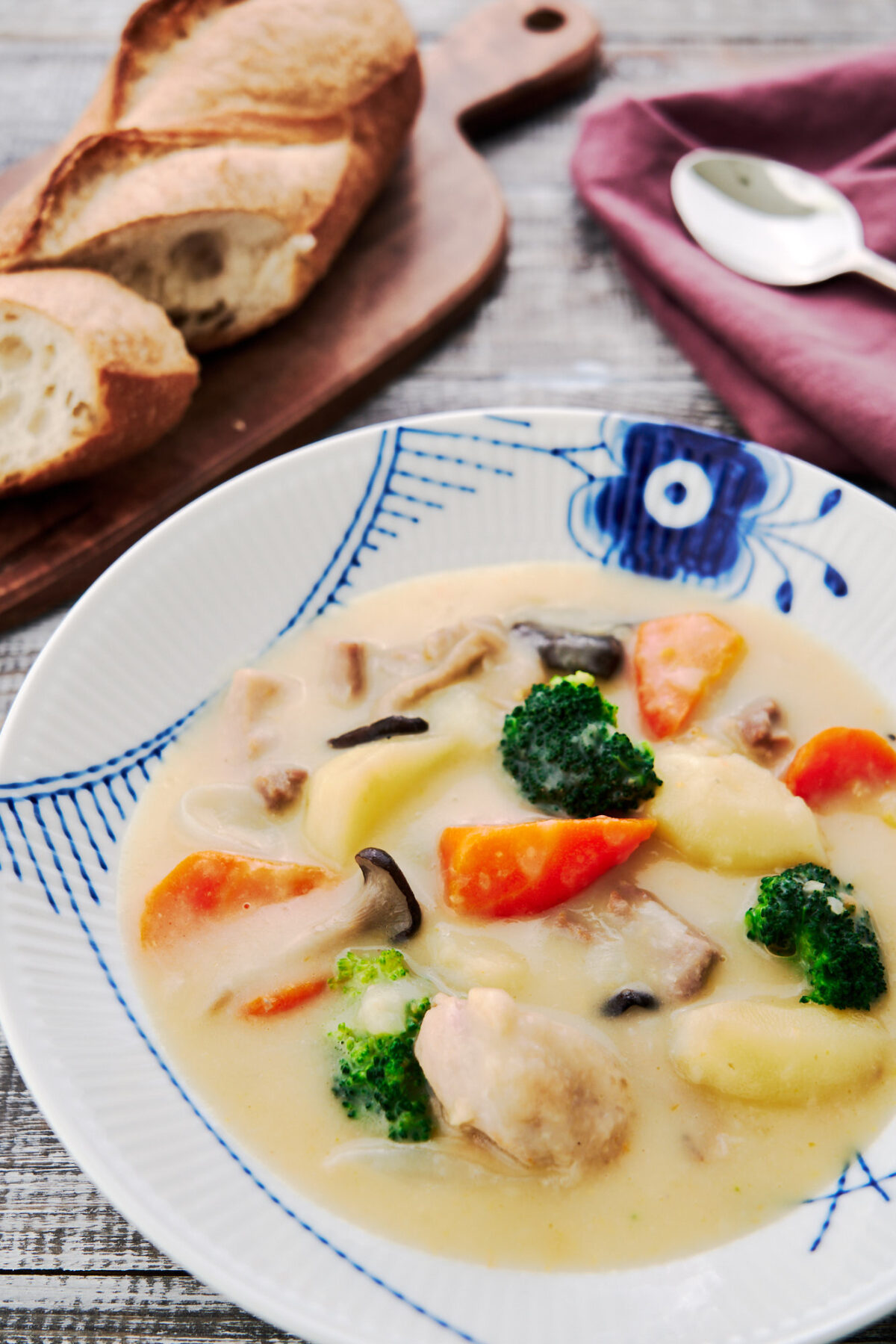 This creamy comforting chicken and vegetable stew comes together in around thirty minutes from a handful of basic ingredients.