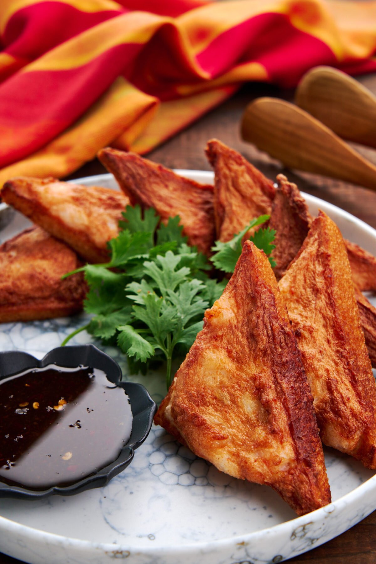 Plump juicy pieces of shrimp bound to crispy toast triangles with soft and flavorful shrimp paste.