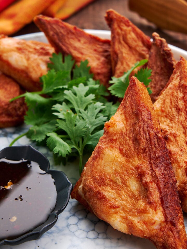 Plump juicy pieces of shrimp bound to crispy toast triangles with soft and flavorful shrimp paste.