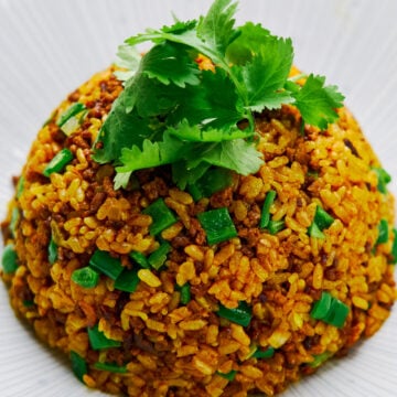 Japanese-style fried rice (yakimeshi) with ground beef, caramelized onions, and curry powder.