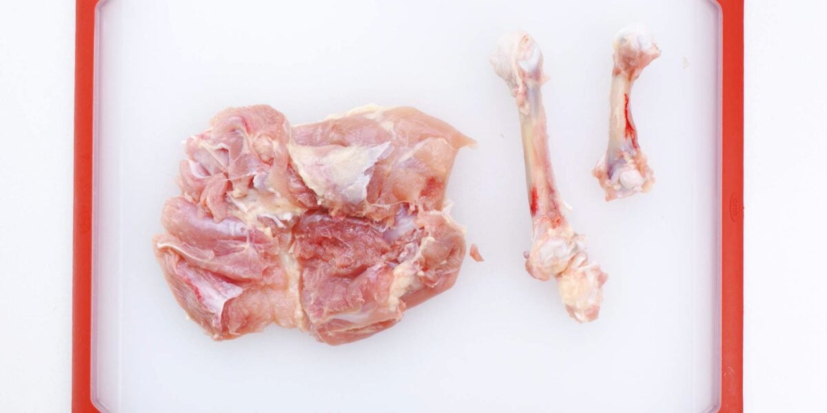 Bones removed from whole chicken leg.