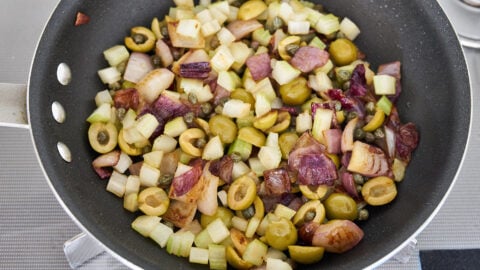 Adding the celery, olives, and capers to the Caponata towards the end, ensures they retain their individual taste and texture.