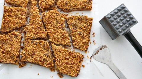 Break the butter almond toffee into piexes using either your hands or a hammer and wedge.