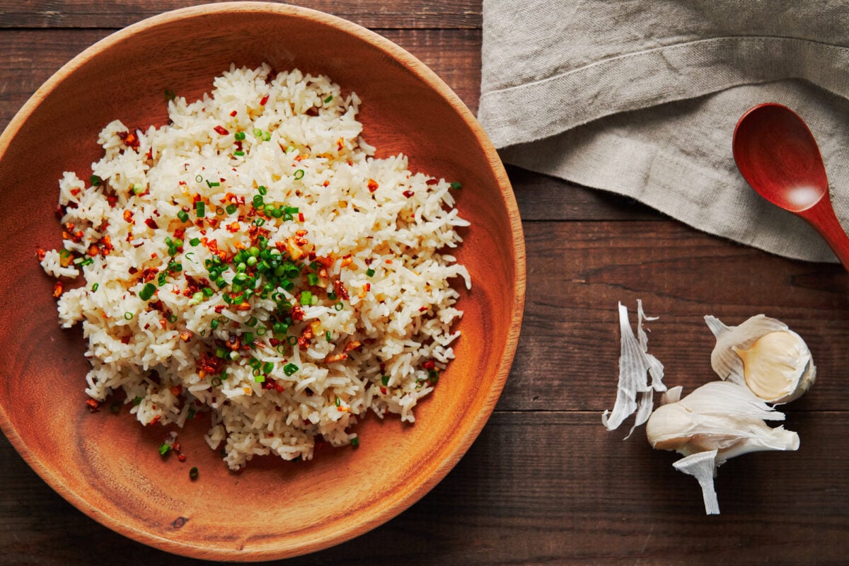 Filipino garlic fried rice topped with extra crisp garlic and scallions.