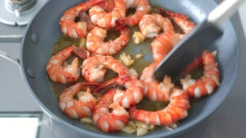 Gambas al Ajillo in a frying pan.