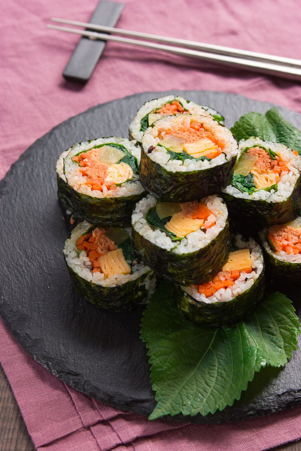 These delicious gimbap rolls (Korean sushi) can be made with leftover rice and ingredients you probably already have in your fridge and pantry.