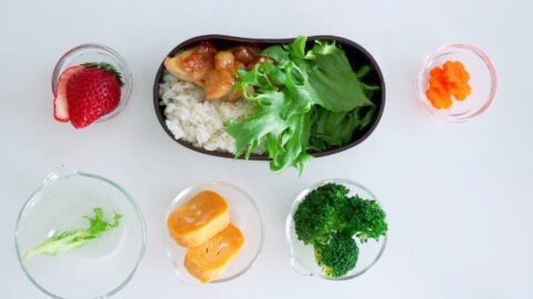 Frill lettuce is used to partition the bento box.