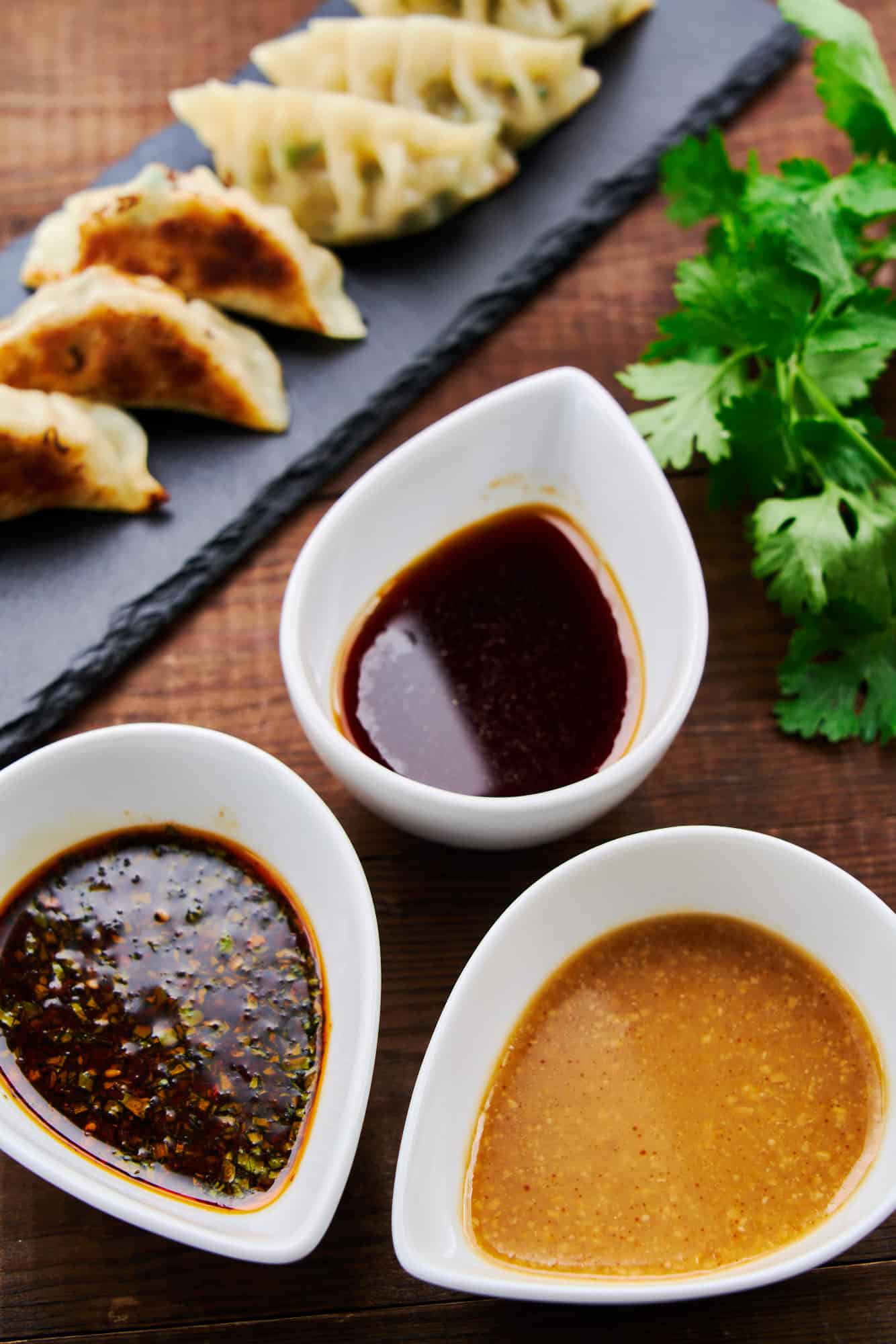 A trio of vibrant gyoza sauces Traditional, Miso, and Chinese-style potsticker dumpling sauces come together in minutes, ready to elevate a plate of delicious gyoza to new heights.