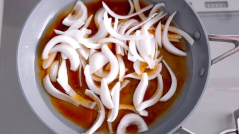 Making Gyudon from scratch starts with the dashi and onion.