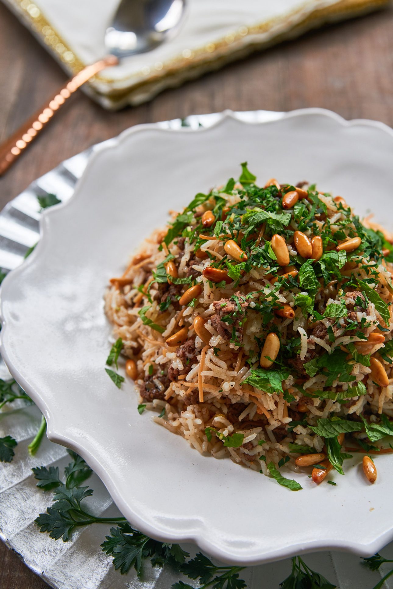 Hashweh, which literally means "stuffing" is a classic Levantine dish made with ground lamb and rice, seasoned with sweet spices such as allspice, cinnamon and nutmeg. It comes together in about 20 minutes making it the perfect weeknight meal.