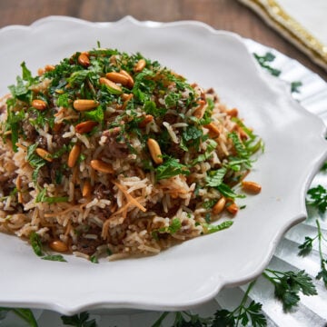 Hashweh, is an easy Levantine classic made with lamb spiced with cinnamon and allspice with savory cooked rice.