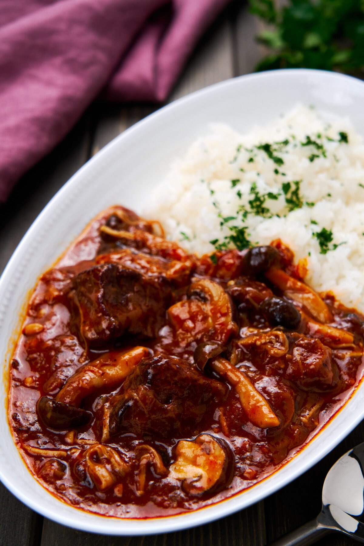 With beef stewed together with mushrooms, onions, red wine, and tomatoes until it's spoon tender, Hayashi Rice is a popular Japanese comfort food during the colder months.