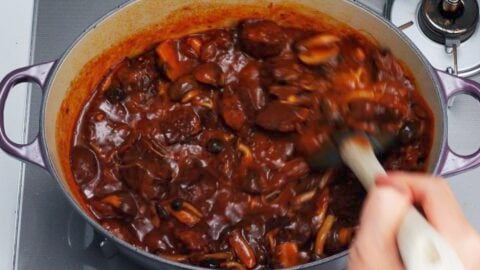 Thickening Hayashi Rice with roux.