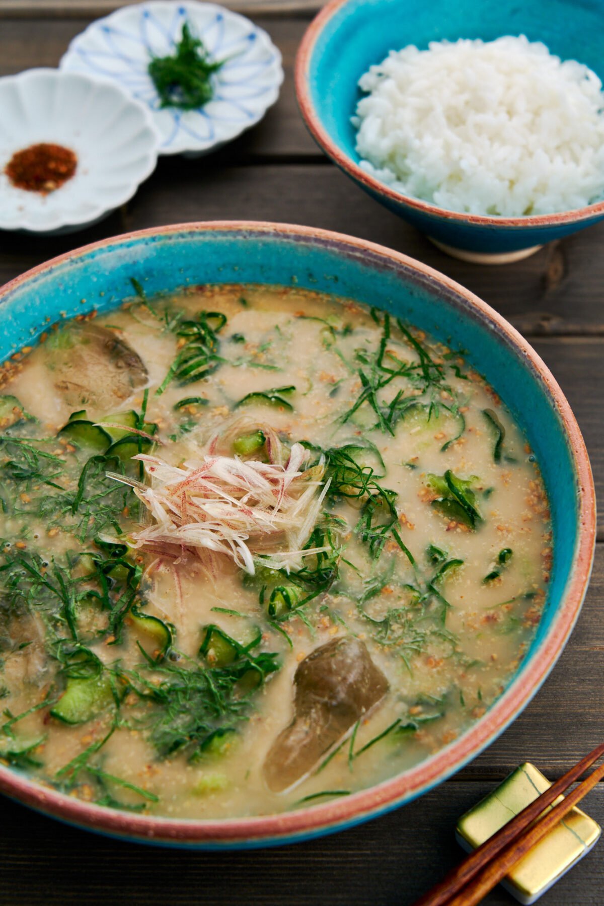 Hiyajiru means cold soup in Japanese, and it's a refreshing summertime miso soup made with cucumbers, toasted sesame seeds, and miso.