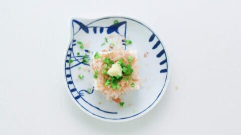 Cold silken tofu topped with katsuobushi, scallions, and grated ginger.