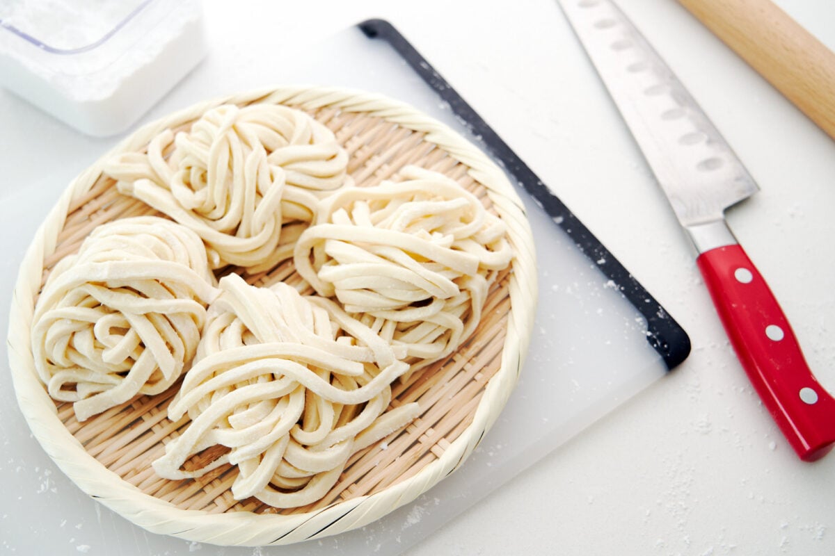 Handcut udon noodles are made with just flour, water and salt.