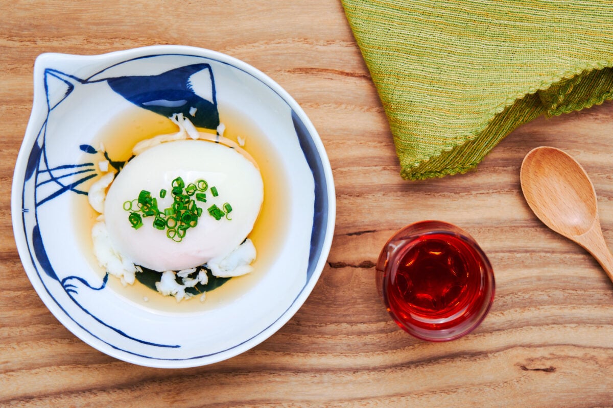 Japanese hot spring egg (onsen tamago) served with savory dashi broth.