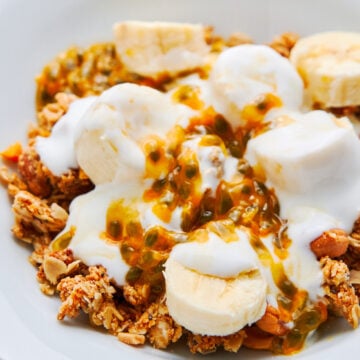 Rich and buttery, this pantry granola is loaded with protein and fiber making it a perfect make-ahead breakfast or healthy snack.