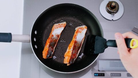 Japanese breakfast salmon in a frying pan.