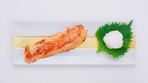 Japanese salt grilled salmon with daikon oroshi.