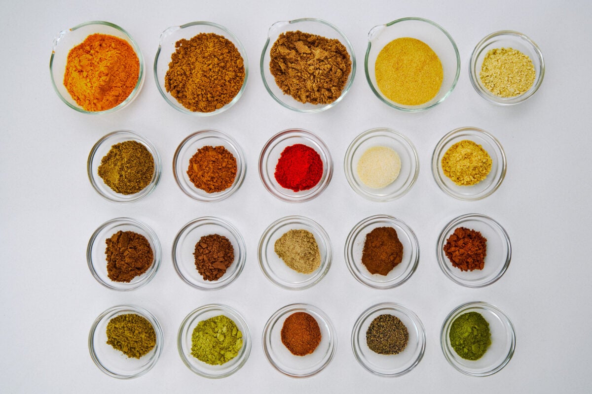 Lineup of the 20 spices used to make authentic Japanese curry powder.